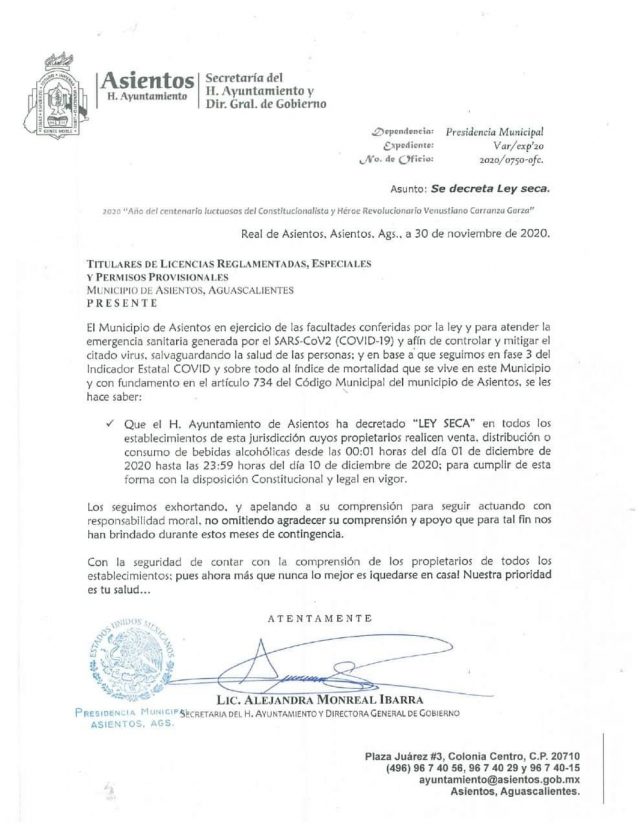 Decreto que extiende la Ley Seca en el municipio de Asientos.