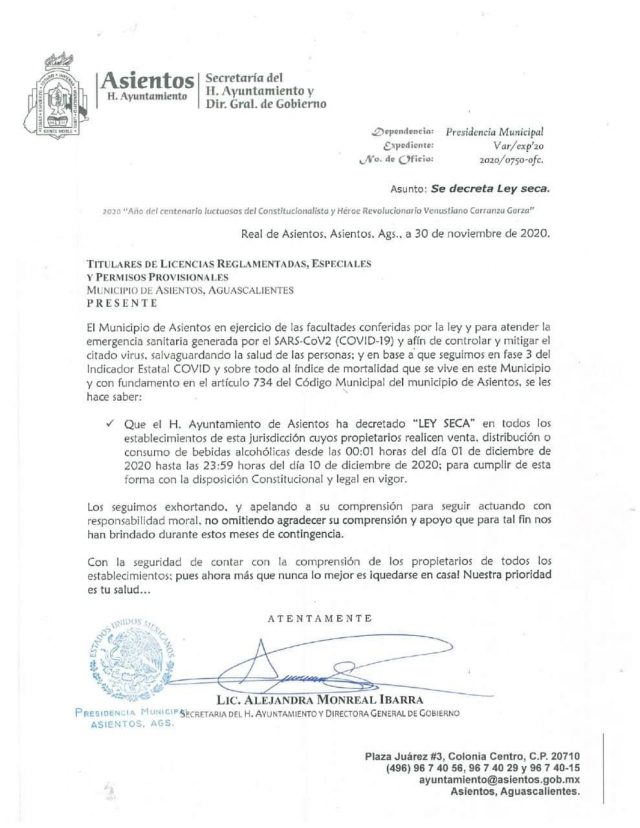 Decreto que extiende la Ley Seca en el municipio de Asientos.