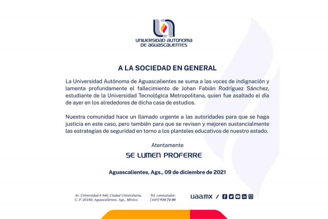 Aguascalientes UAA Indignación Asesinato Johan