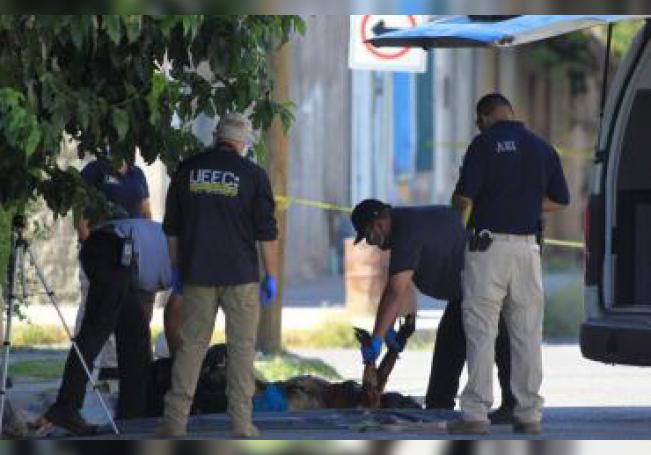 Peritos forenses y policías de investigación resguardan la zona donde fue encontrada una mujer asesinada. EFE/Luis Torres/Archivo