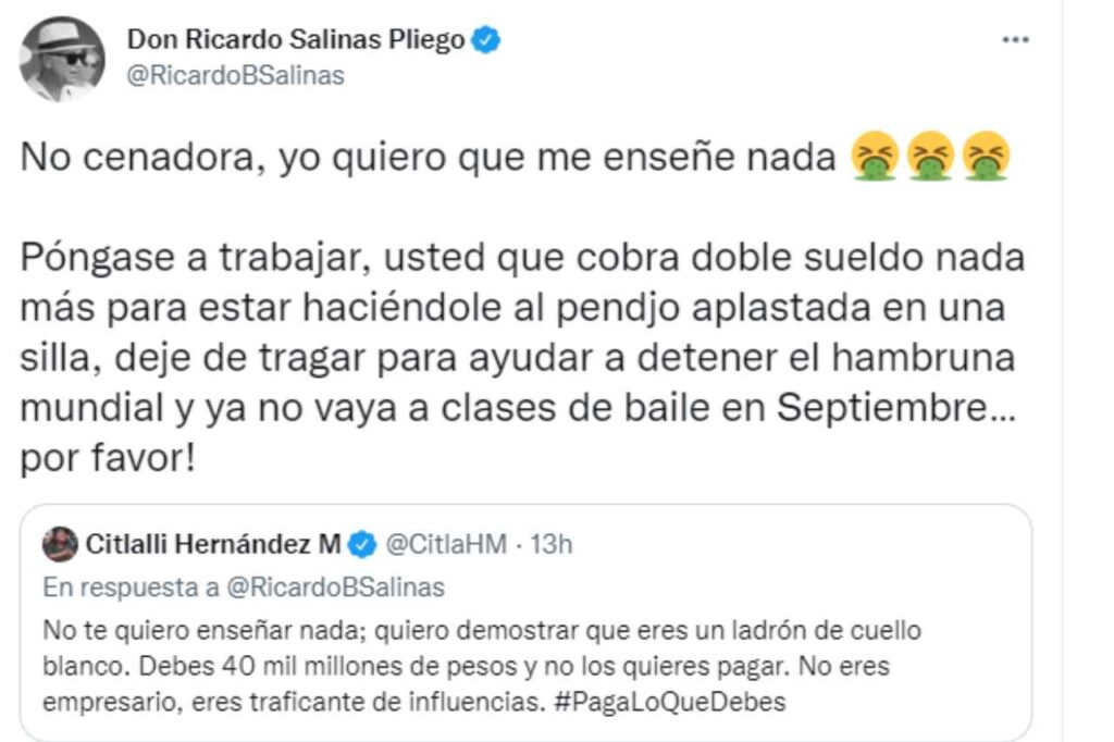 Ricardo Salinas Pliego y Citlalli Hernández pelean en Twitter