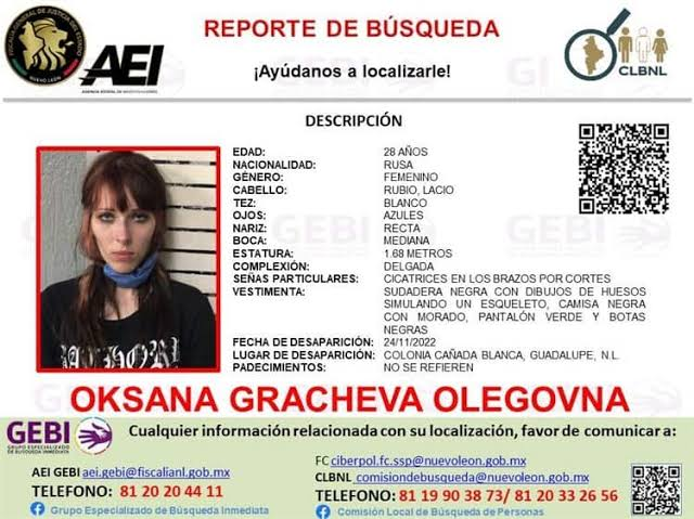 Buscan a Oksana Gracheva Olegovna, rusa desaparecida en Monterrey