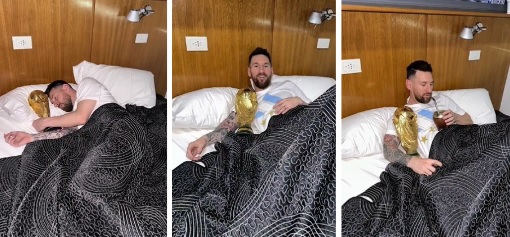 Messi no se separa de la copa del Mundo y hasta amanece con ella