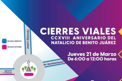 La Secretaría General de Gobierno informa a la ciudadanía sobre el cierre de calles que se realizará la mañana de este jueves 21 de marzo con motivo de la conmemoración del CCXVIII aniversario del natalicio de Benito Juárez. En un horario de 06:00 a 12:00 horas permanecerán cerradas las siguientes vialidades que confluyen en el monumento a Benito Juárez: Av. Las Américas, a la altura de Bogotá, en ambos sentidos; Av. Ignacio T. Chávez, de poniente a oriente, a partir de la calle Dalias; Lanceros de Aguascalientes, entre la glorieta de Benito Juárez y la calle Vicencio; y República de Uruguay, desde la calle Quito. Permanecerán abiertas a la circulación vehicular las avenidas Ayuntamiento y José F. Elizondo. Se recomienda a los automovilistas tomar sus precauciones y circular por vías alternas.