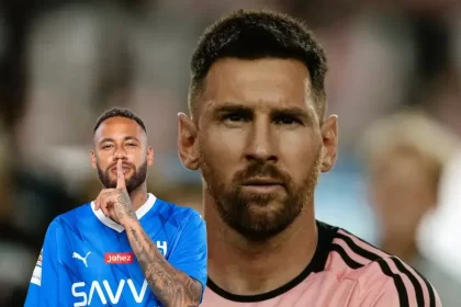 neymar puts his finger on his lip while wearing an al hilal jersey and lionel messi stares while wearing an inter miami jersey 1718654752 hq