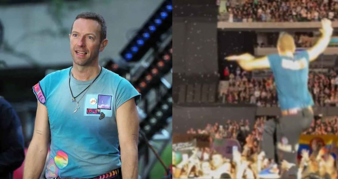 Chris Martin querido cantante sufre fuerte caida en pleno concierto