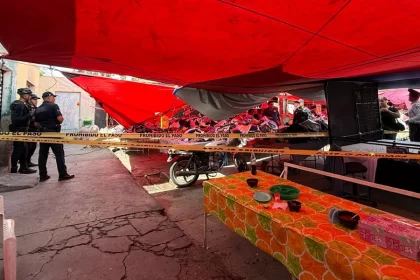 Caída de un poste de luz de la CFE en el toldo de un negocio de menudos.