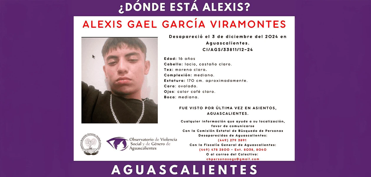 Ficha de búsqueda del joven Alexis Gael, de 16 años, reportado como desaparecido.