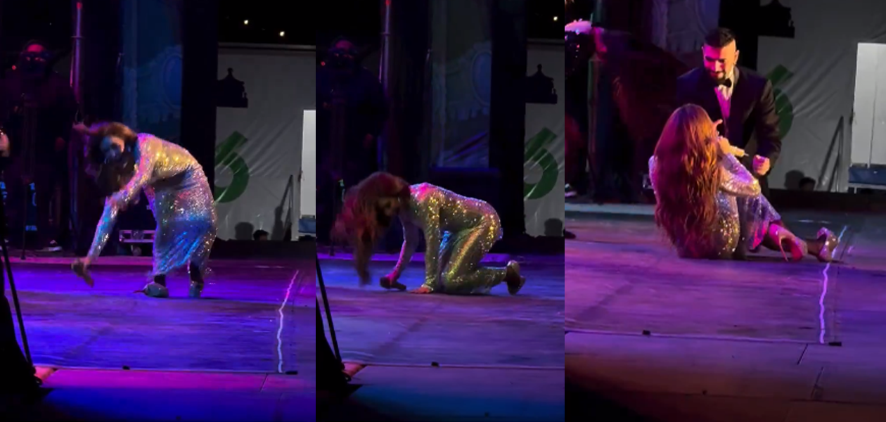 Gloria Trevi vive incómodo momento tras caer en pleno concierto en San Luis Potosí